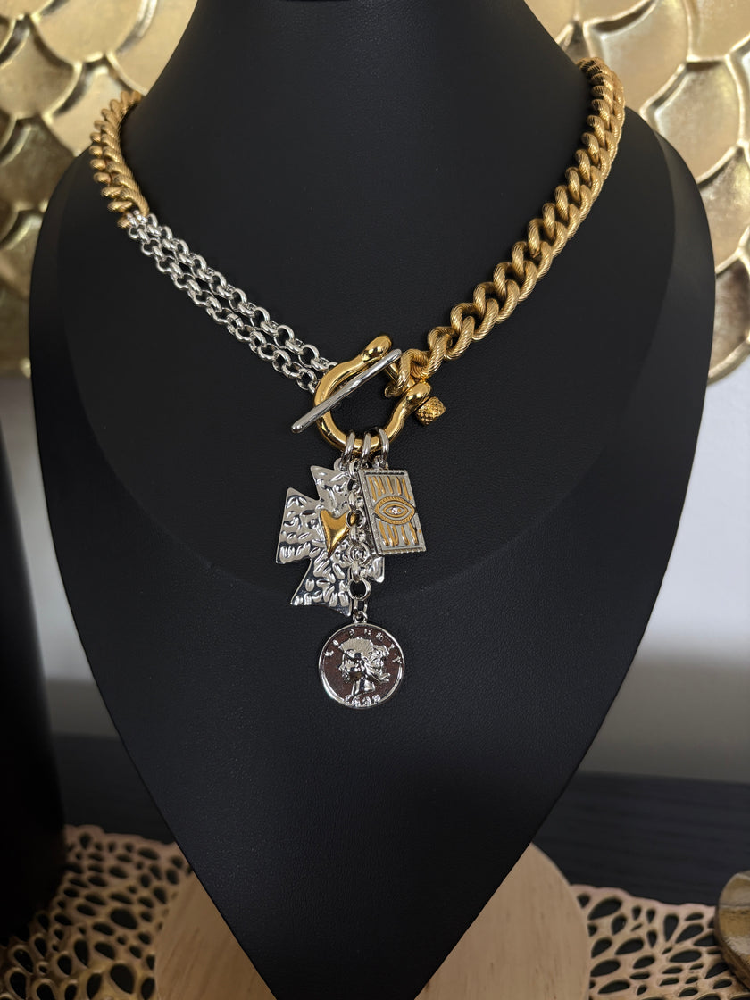 Mixed Metal Charm Lock Necklace