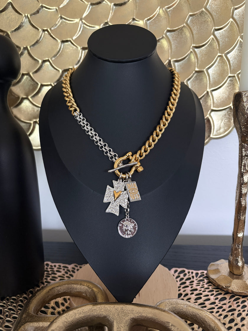Mixed Metal Charm Lock Necklace
